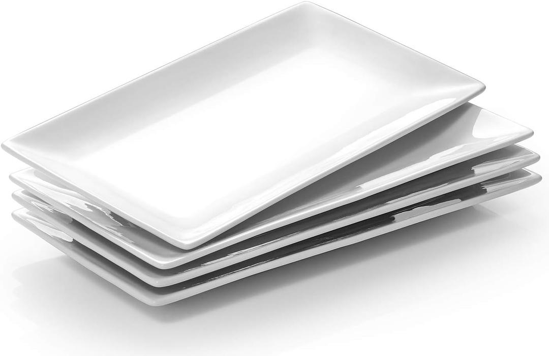 DOWAN 12" Rectangle Plates Set of 4 - White Serving Platters for Party, Wedding, and Entertaining - Rectangular Serving Trays Dishes for Steak, Taco, Sushi, Appetizer, Cake - Dishwasher & Oven Safe