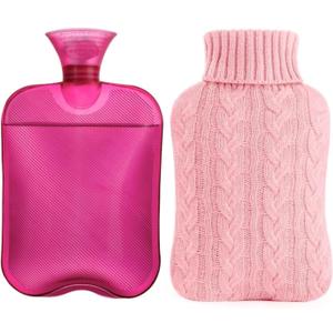 samply Hot Water Bottle with Knitted Cover, 2L Hot Water Bag for Hot and Cold Compress, Hand Feet Warmer, Ideal for Menstrual Cramps, Neck and Shoulder Pain Relief, Pink