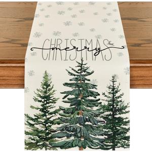 Artoid Mode Beige Pine Tree Snowflake Merry Christmas Table Runner, Seasonal Winter Xmas Holiday Kitchen Dining Table Decoration for Home Party Decor 13 x 36 Inch
