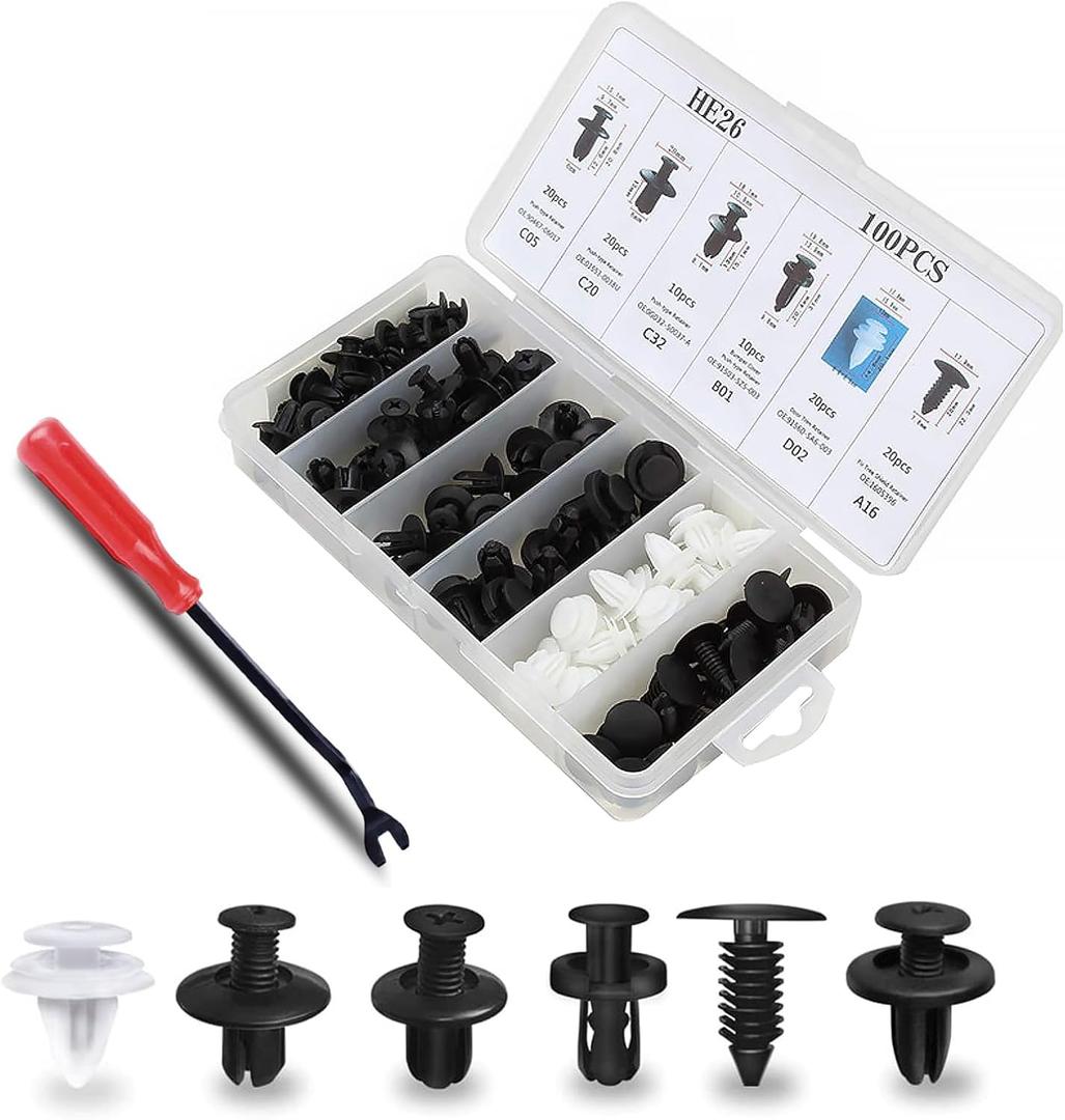100 PCS Car Bumper Retainer Clips, 6.3mm 8mm 9mm 10mm Nylon Fasteners Rivet, Screws Replacement Kit with Remover Tool, Car Universal Snap Clips (Black & White)