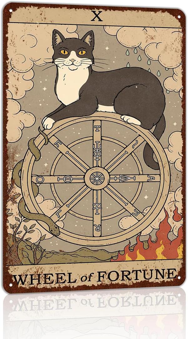 2 x Vintage Cat Tin Sign Retro Tarot Card Metal Sign Poster Wall Art Decor Bathroom Dorm Room Home Decor - Wheel Fortune