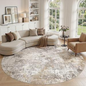 Nakagishi 8ft Round Rug for Living Room:8x8 Washable Modern Abstract Large Area Rug with Non-Slip Silicone Backing,Low Pile Soft Carpet for Bedroom & Dining Decor,Ideal for Families-Brown