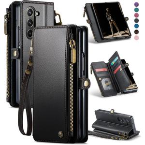 Defencase Wallet Case Compatible with Samsung Galaxy Z Fold 5 with RFID Blocking Card Holder & S Pen Holder Slot PU Leather Magnetic Snap Flip Zipper Strap Phone Case Fit for Galaxy Z Fold 5, Black