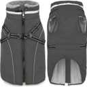 Fragralley Dog Coat with Harness Built in, Waterproof Windproof Reflective Warm Puffer Jacket, Fleece Lined Vest Winter Parka for Small, Medium, Large Dogs (Grey)