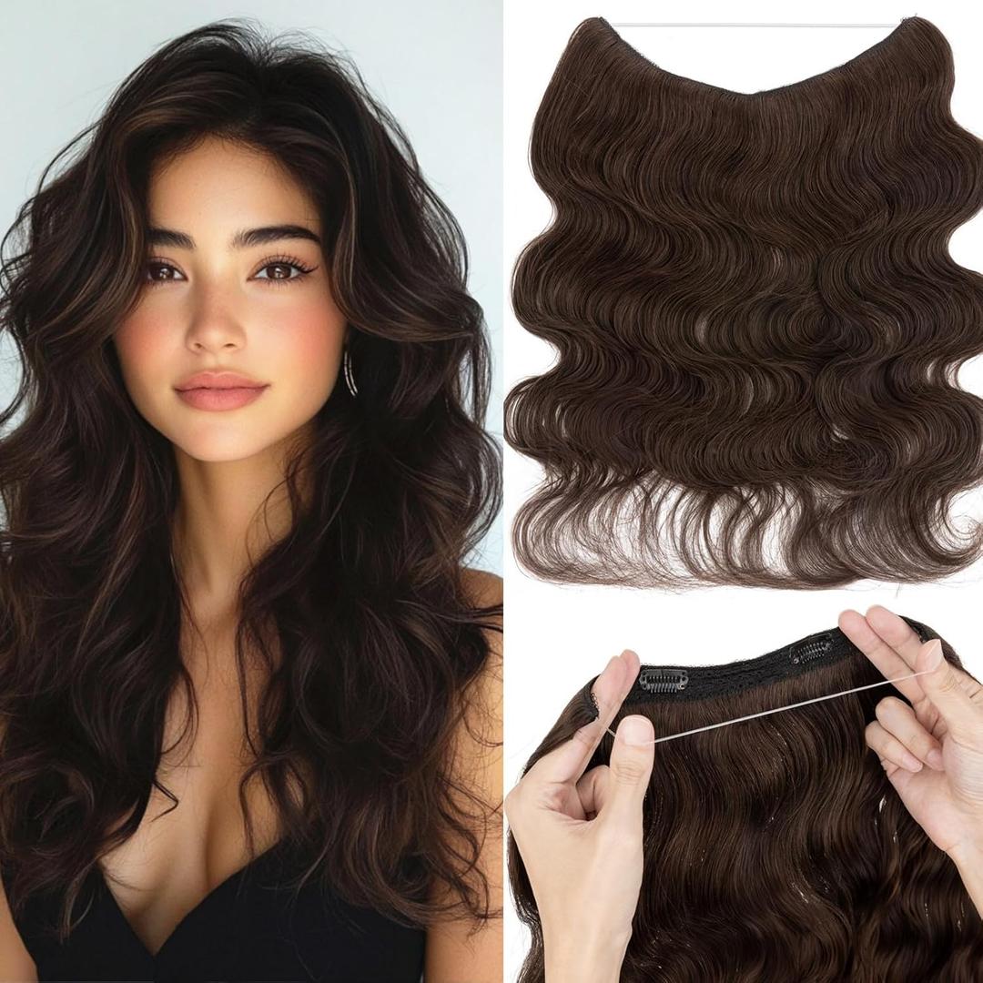 Rich Choices Halo Hair Extensions Real Human Hair Remy Hairs Halo Extension for Women Invisible Wire One Piece Clip in Hairpiece 16 Inch Wavy-#2R Dark Brown