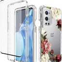 Case for OnePlus 9 Pro 5G LE2121 Case with Tempered Glass Screen Protector, Full Body Floral Design Protection Hard Shell+Soft TPU Bumper Shockproof Cover Case for OnePlus 9 Pro 5G (Flower)