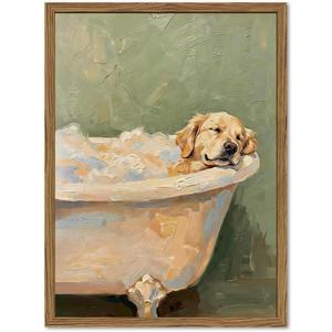 Funny Dog Bathroom Wall Art Cute Golden Retriever in Bathtub Wall Decor Picture Whimsical Bathroom Dog Poster Canvas Painting Print 16x24 inch Wood Framed