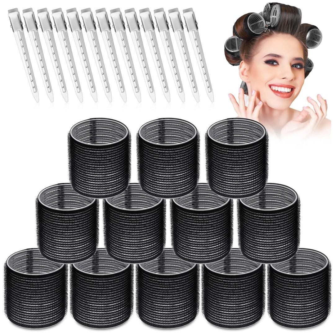 Large Hair Rollers Set -Pieces with  Jumbo Rollers and Clips for Long Thick Hair Volume (Black)