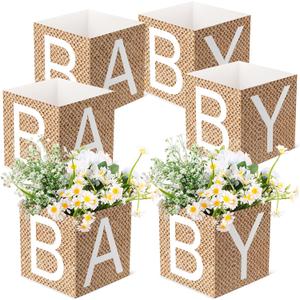 6 Pcs Burlap Print Baby Shower Party Decorations Baby Flower Boxes Centerpiece Rustic Burlap Table Display with Letters for Gender Reveal Party Gender Neutral Shower Centerpiece Decor