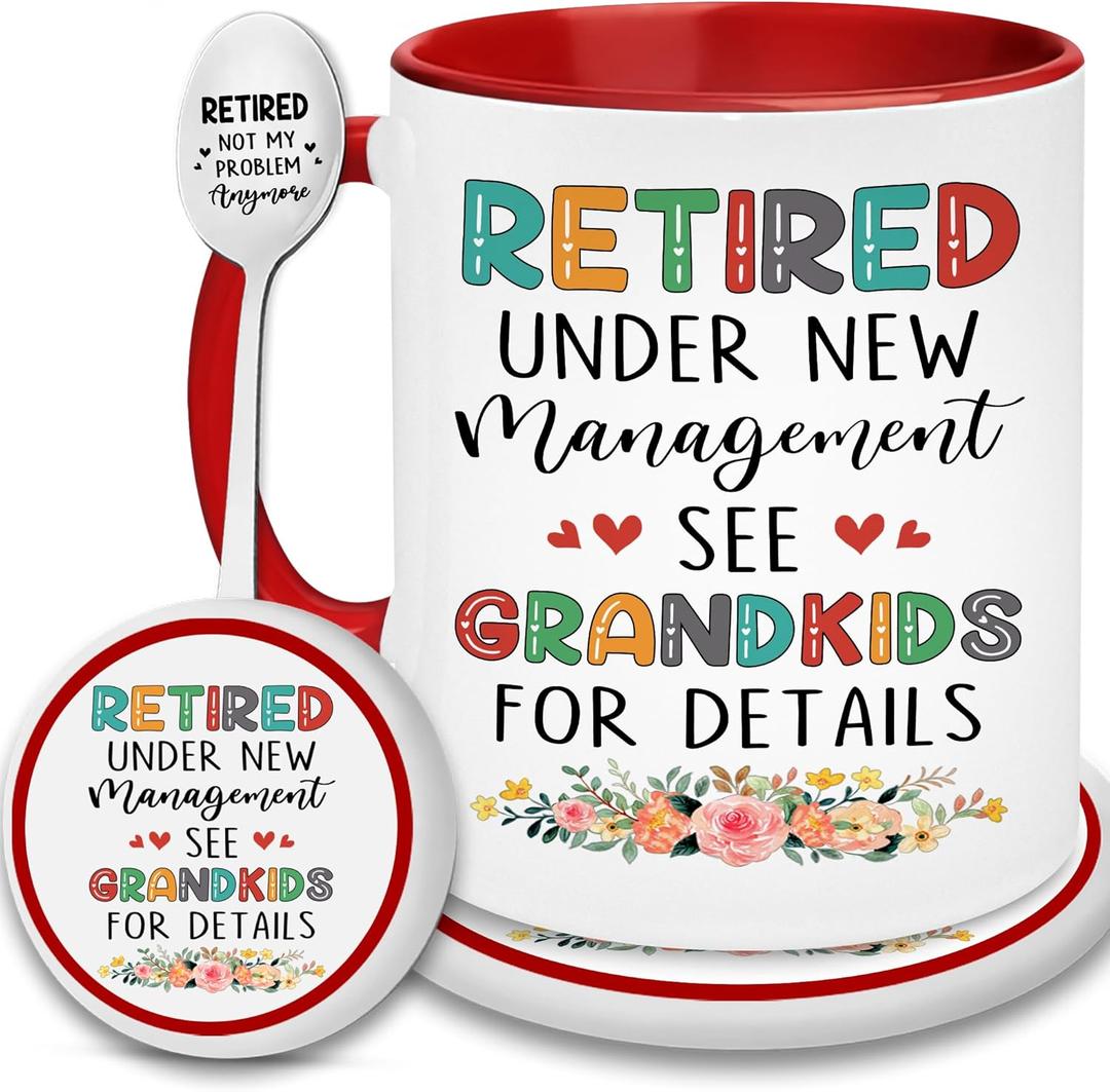 Retirement Gift - Retired Mug - Christmas Gift For Grandma, Mom - Retired Under New Management See Grandkids For Details Mug - Happy Retirement Cup For Women, Coaster, Spoon