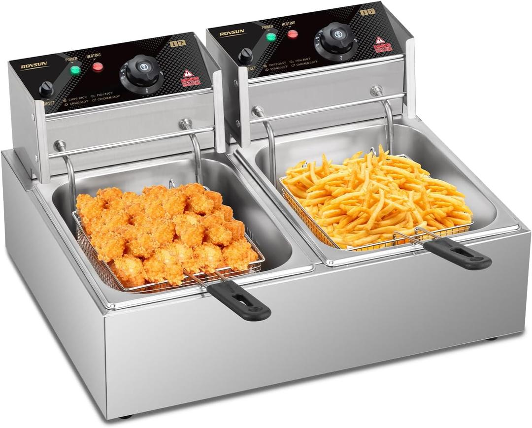 ROVSUN 22.8QT/21.6L Electric Deep Fryer, Countertop Commercial Stainless Steel Dual Tank Kitchen Fat Fryer Frying Machine w/Baskets Lids for French Fries Donuts, Adjustable Temp, 3400W