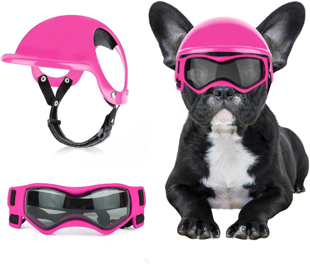 Dog Helmet with Dog Goggles for Small Dogs - Pet Motorcycle Helmet Hat with Ear Holes Adjustable Straps Safety Helmet for Puppy Riding - Pink
