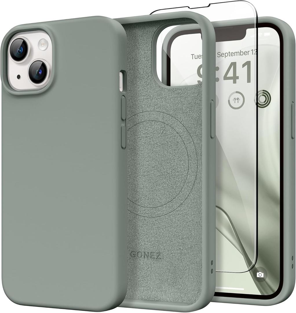 GONEZ Magnetic for iPhone 13 Case & iPhone 14 Case, [Compatible with MagSafe] Anti-Scratch Microfiber Lining & Screen Protector, Shockproof Slim Phone Silicone Cover 6.1 inch, Calke Green
