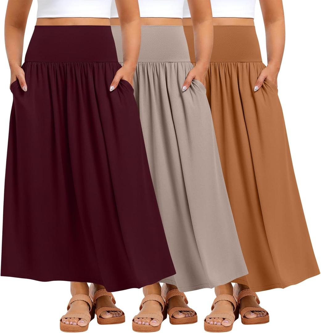 Ficerd 3 Pack Plus Size Maxi Skirts for Curvy Women Pockets Casual 2026 Boho Summer Flowy Long Skirt a Line High Waist Dress, XL