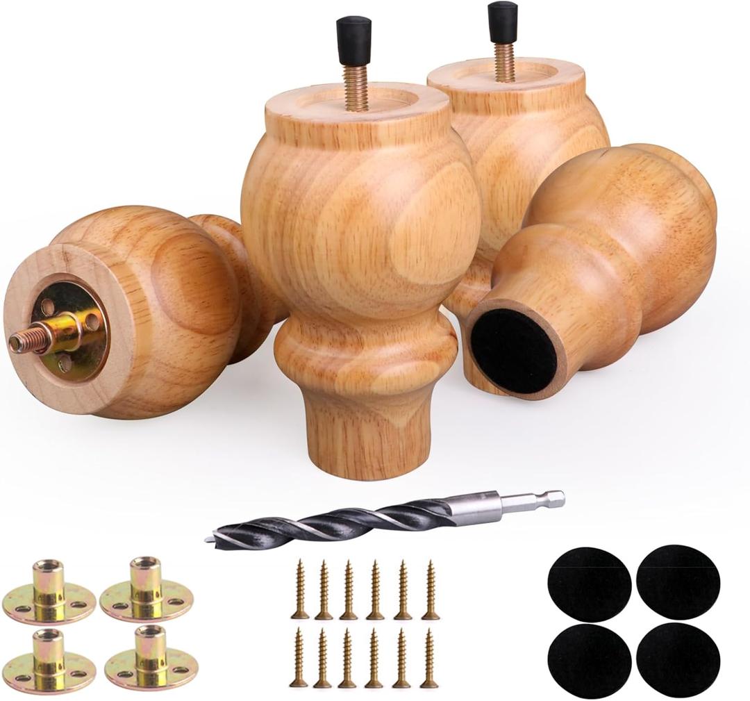 Wood Couch Legs 5 inch Sofa Legs for Furniture Set of 4, Natural Replacement Wooden Legs Furniture Feet Table Cabinet Dresser Bed Frame Legs
