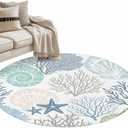 Round Area Rug 3ft Nautical Coastal Ocean Coral Floor Carpets Washable Indoor Floor Area Mat Stain-Proof Mat Non-Skid Rugs for Living Room Dining Kitchen Bedroom Nursery, Beach Themed Blue Teal Rug