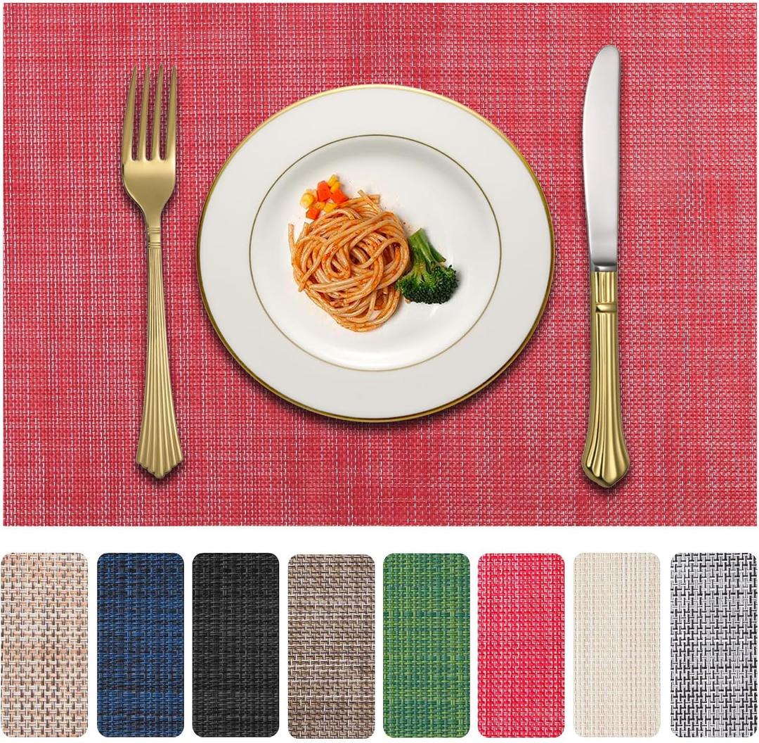 Vinyl Placemats Set of 8, PVC Woven Washable Non-Slip Table Mats, Heat Resistant Wrinkle Free Place Mats for Dining Table, Easy to Clean (8, Red)