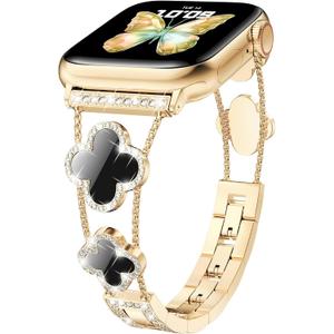 Bling Diamond Band Compatible with Apple Watch Bands for Women 42mm 44mm 45mm 46mm Series 11 10 9 8 7 6 5 4 SE 3 2 1, Sparkle Metal Bracelet Wristband, Cute Lucky Clover Dressy iWatch Band,Gold/Black