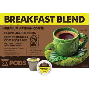 Ekocups Breakfast Blend Coffee Pods Light Roast, Compostable, Plant-Based & Freshness-Sealed French Press-Quality Brew K-Cup Brewer Compatible 80ct, EXP DATE 02/23/2026