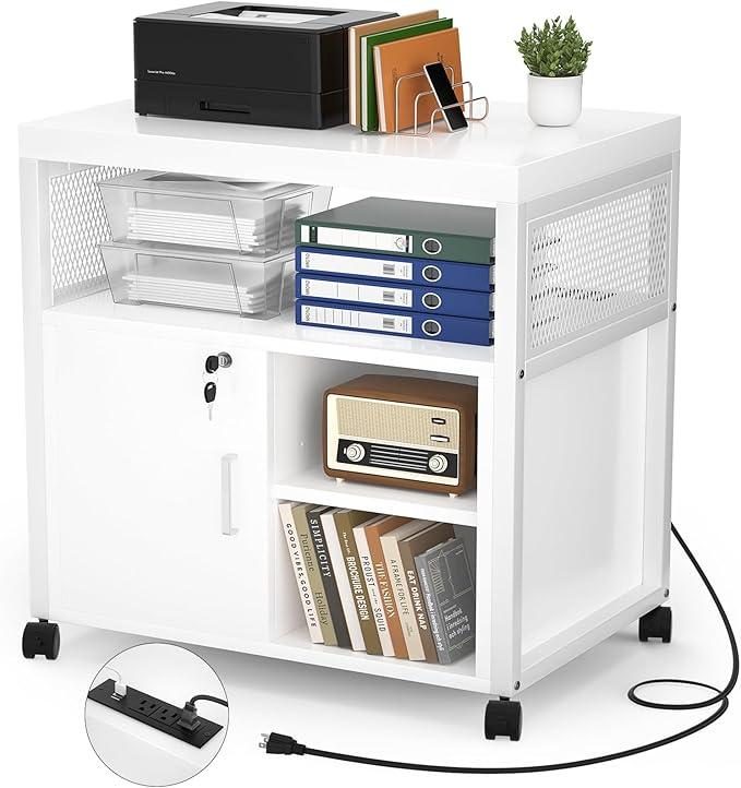 Unikito Rolling File Cabinet Lateral Office Filing Cabinets with Socket and USB Charging Port, Modern Printer Stand on Wheels, Printer Cabinet with Door and Open Storage, Lockable, White
, 23.6"D x 17.2"W x 26"H