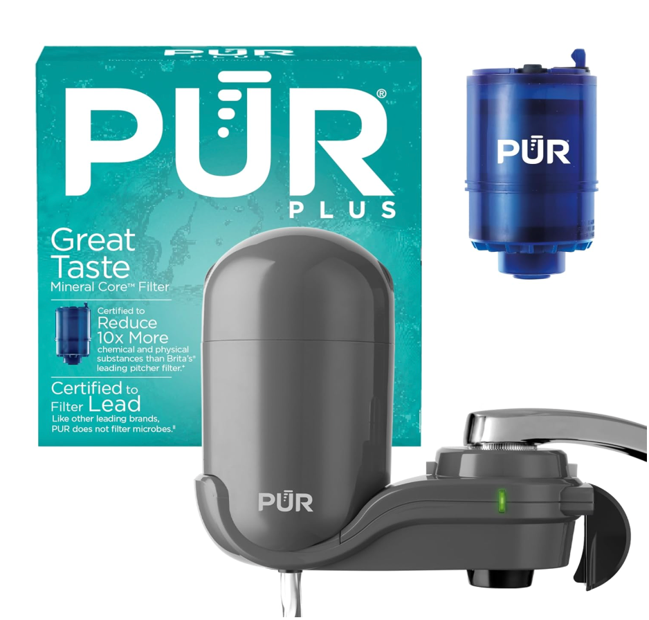PUR Plus Vertical Faucet-Mount Water Filtration System, Lead-Reducing Filter, Easy Installation, 100-Gallon Capacity, Compatible with External Aerators, Grey