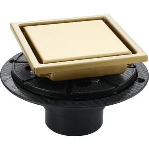 4 Inch Gold Shower Drain, SUS304 Stainless Steel Square Bathroom Floor Drain with Flange Reversible 2-in-1 Cover Insert Tiles for Filtering, Brushed Gold