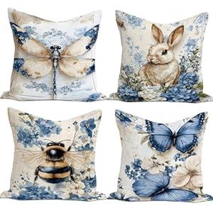 French Country Vintage Rabbit Bunny Pillow Covers 18x18 Set of 4, Rustic Classical Cottagecore Bee Blue Butterfly Decorative Throw Pillow Covers, Floral Pillowcases for Couch Sofa Living Room Decor