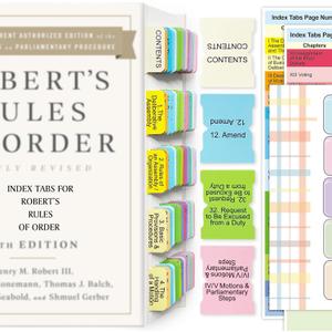 Index Tabs for Robert's Rules of Order Newly Revised, 12th Edition, 90 Color-Coded & Laminated Book Tabs with Alignment Guide (Book Not Included), Repositionable and Long-Lasting
