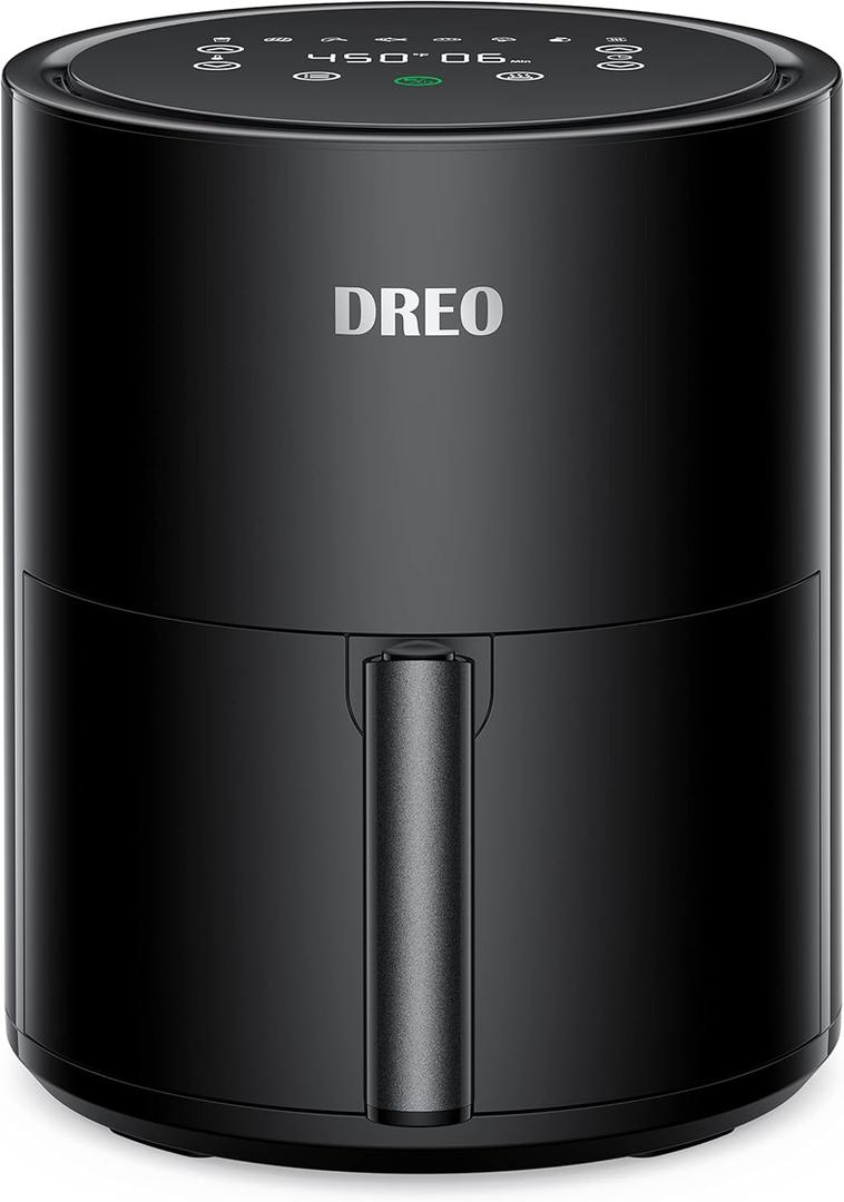 DREO Air Fryer - 100 to 450, 4 Quart Hot Oven Cooker with 50 Recipes, 9 Cooking Functions on Easy Touch Screen, Preheat, Shake Reminder, 9-in-1 Digital Airfryer, Black, 4L (DR-KAF002)