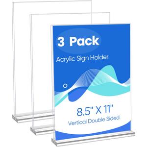 Acrylic Sign Holder 8.5 x 11, 3 Pack Clear Double Side T Shape Acrylic Table Sign Stands for Displaying, Flyer Holder Paper Card Holder for Office Business Store Restaurants