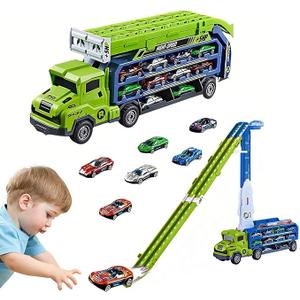 Carrier Truck Transport Toy, Foldable 2Layer Car Race Track Playset with 25" Track & 6 Metal Cars, Birthday Gift for Boys Ages 38 (Green)