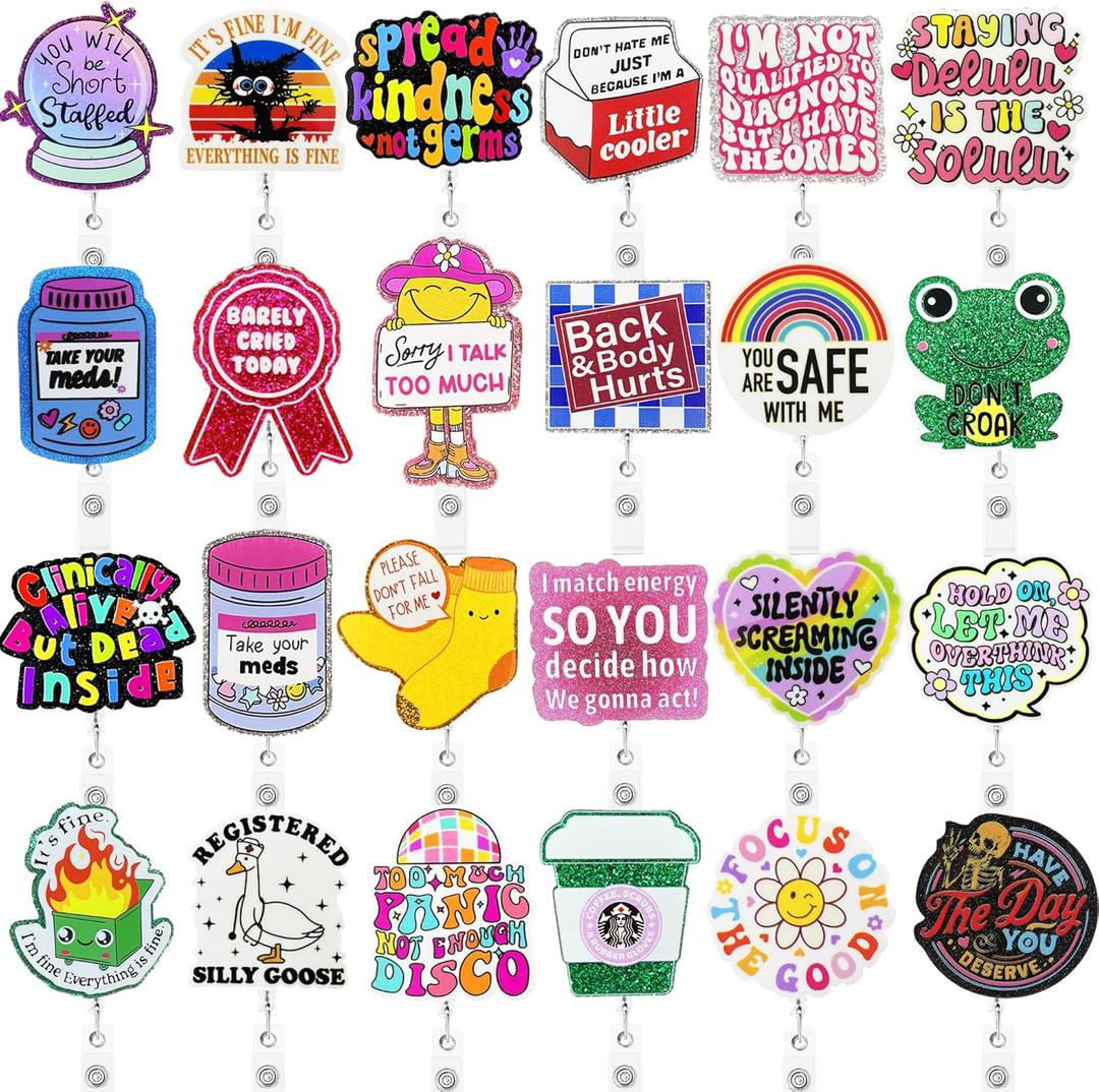 24 PCS Nurse Badge Reels Bulk Funny Badge Holders Retractable Clip Cute Nursing Pharmacy Medical Asssitants RN LPN CNA Badge Buddy Accessories for Work