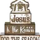 Moucuny 4 Pcs Christian Religious Table Decor Jesus Is The Reason for The Season Wooden Decorative Signage Christmas Tiered Tray Decor Xmas Centerpieces Farmhouse Wooden Block Set for Home