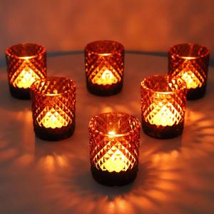 Woho 12pcs Amber Votive Candle Holders Vintage, Glass Tealight Candle Holder for Boho Wedding Table Centerpiece, Brown Tea Lights Candle Holder for Halloween Thanksgiving Decor