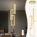 Gold Modern Led Chandelier - Adjustable High Ceiling Light Fixtures, Dimmable Led Pendant Lighting, 3-Ring Rectangle Staircase Contemporary Chandelier for Living Room, Kitchen Island