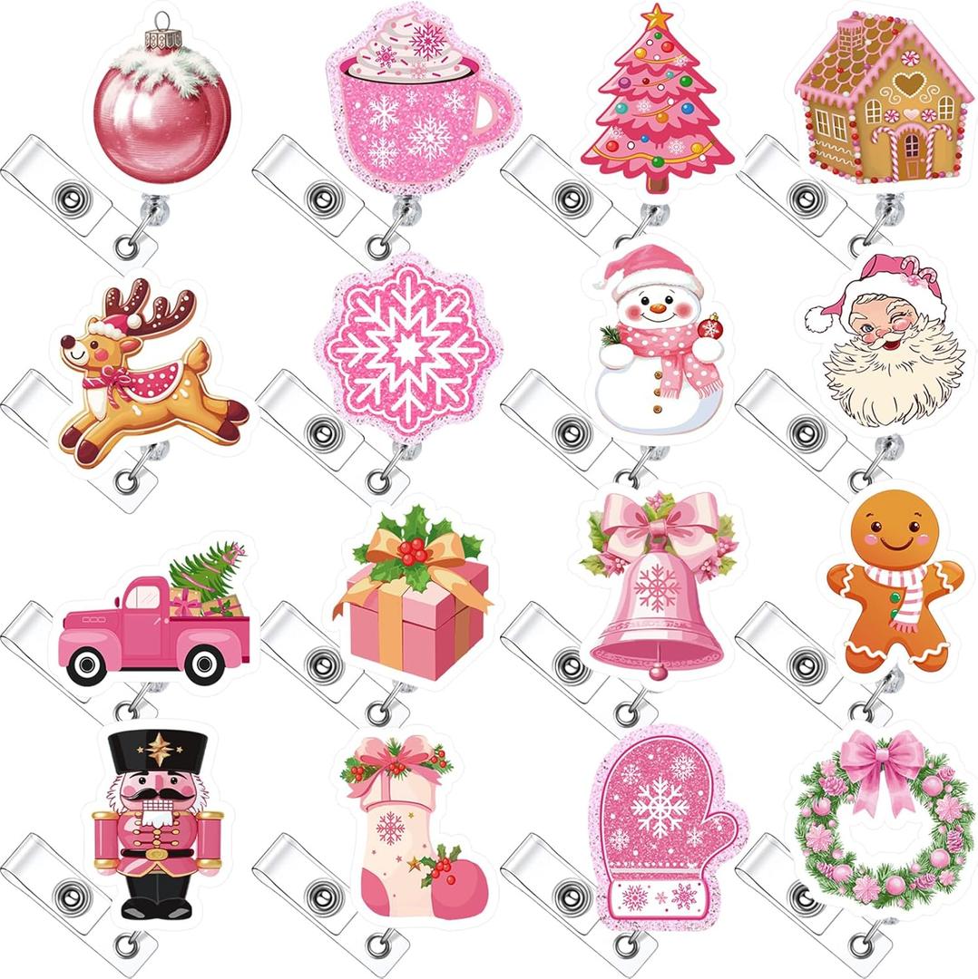 16 Pcs Christmas Pink Winter Nurse Badge Reel Retractable with ID Clip Bling Snowman Snowflakes Holiday Gift Badge Holder for Nursing Er ICU Women Men Office Doctors