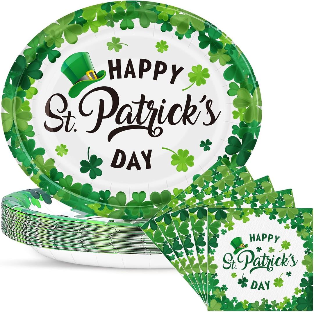 50Pcs St. Patrick's Day Oval Paper Plates and Napkins Set Serve 25 - 10" x 12.5" Large Disposable Green Paper Plates and 6.5'' Napkins with Lucky Shamrock for Irish Party Supplies Themed Tableware Set