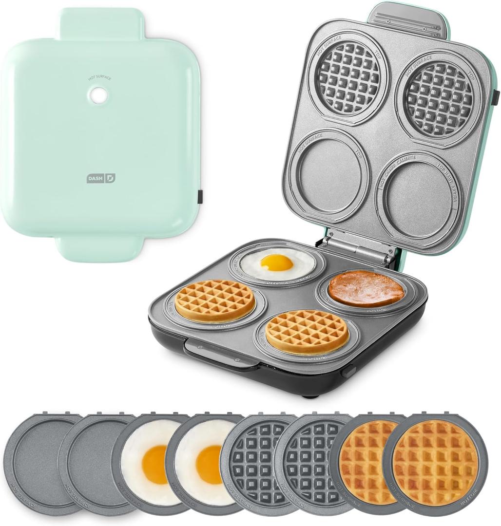 Dash MultiMaker Family Mini Maker System - Dual Ceramic Nonstick Cooking Surfaces - Built-In Cord Wrap - Makes 4-Inch Waffles - Aqua, 8 Plates
