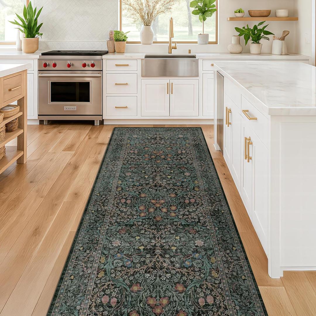 Dark Green 2x7 Long Washable Runner Rug Non Slip, Throw Rugs Runners for Kitchen Hallways Entryway Bathroom Laundry Room, Floor Mat Vintage Floral Carpet Low Pile Stain Resistant