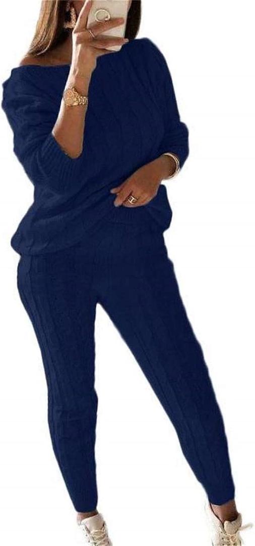 Lucuna Women's 2025 Fall Sweater Set 2 Piece Outfits Cable Knit Chunky Crew Neck Pullover Top Pants Loungewear (Large, 1-Blue)