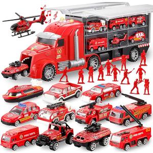 JOYIN 25 In 1 Fire Truck Vehicle Toy Set with Sounds and Lights, Fire Engine Vehicles in Carrier Truck, Mini Rescue Emergency Car Toy, Christmas Birthday Gifts for Over 3 Years Old Boys