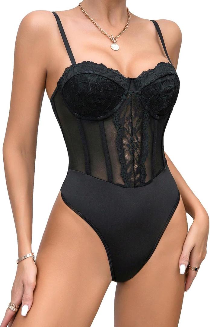 SHENHE Women's Sheer Mesh Sexy Lace Spaghetti Strap Bodycon Bustier Cami Bodysuit (Large, Black)
