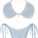 ZAFUL Women's Triangle Bikini Multiway Fishnet Tie Side Bandeau Halter String Bikini Set Two Piece Swimsuit Bathing Suits (X-Large, 1-light Blue)