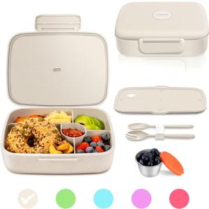 Bento Lunch Box, 5 Compartments Lunch Container for Kids/Adults with Snack cup, Wheat Fiber Eco-Friendly Double Insulated Boxes, Dishwasher and Microwave Safe, BPA-Free (White)