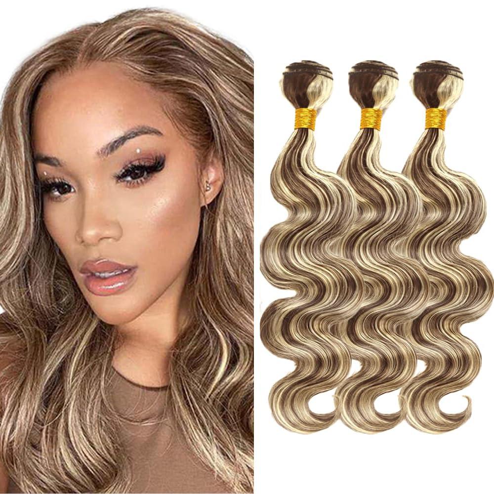 Highlight Bundles Human Hair Blonde Body Wave Bundle Niegmeag Brazilian Virgin Remy Hair 3 Bundles 14 16 18 Inch 2 Tone Blonde and Brown Body Wave Bundle 300g