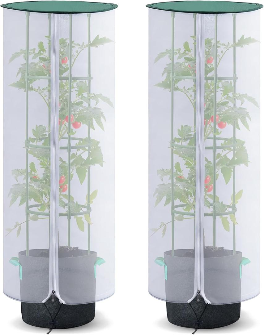 2 Pack 47" Tall Netting for Tomato Cages, Sun Shade Top with Zipper & Drawstring, Pop-Up Mesh Plant Cover (Cage Not Included)
