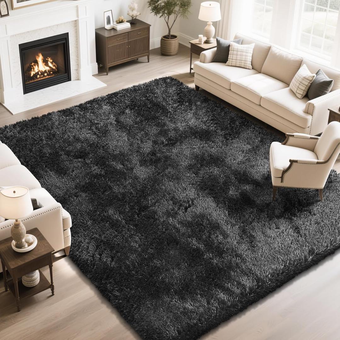 Fluffy Rug Shaggy Area Rug, Black 8x10 Area Rugs for Living Room, Large Shag Area Rugs for Bedroom Kids Room Home Decor, Upgrade Anti-Skid Rectangular Fuzzy Rugs