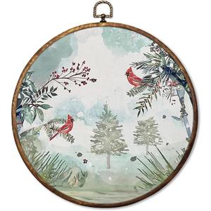 HUGANE Rustic Winter Cardinal Bird Round Wall Art Decor, Cozy Farmhouse Winter Red Cardinal Birding Hanging Canvas Framed Prints Wall Sculptures for Home Bedroom Living Room Decor, 10x10 Inch