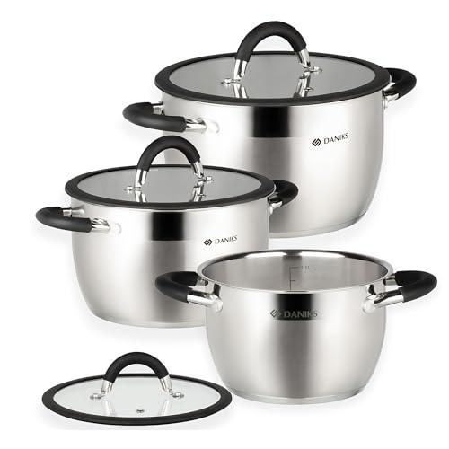 Daniks Orlando 6-Piece Stainless Steel Induction Cookware Set – Dishwasher Safe Pots with Heatproof Handles, Glass Lids, Measuring Scale, Silver