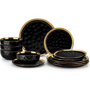 LOVECASA 12 Pieces Plates and Bowls Sets, Porcelain Black and Gold Dinnerware Sets, Round Dinner Plates Dishes Set Service for 4, Dishwasher Safe and Scratch Resistant, Black